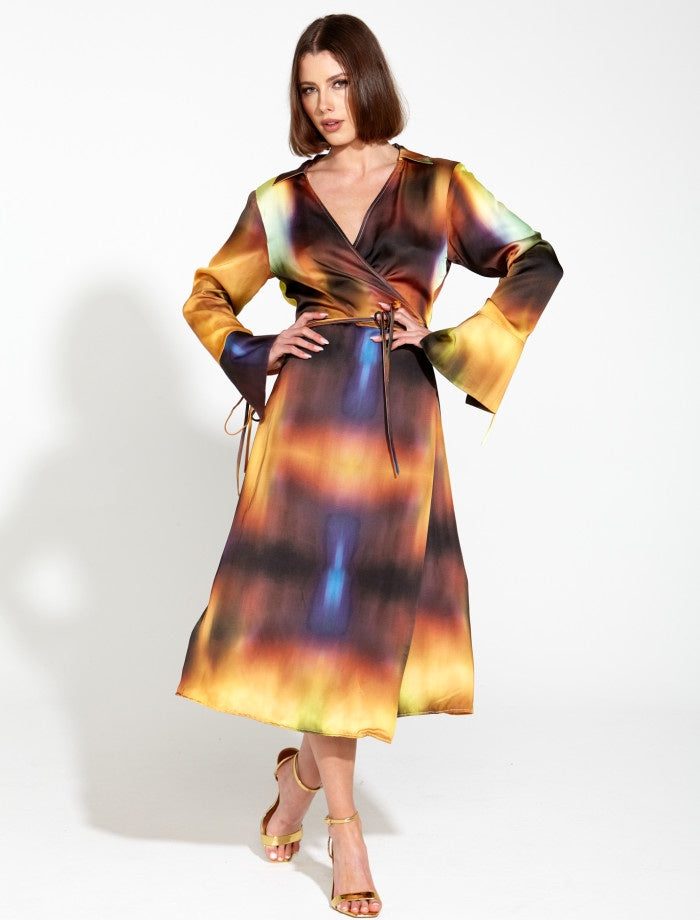 ORBIT SATIN MIDI WRAP DRESS