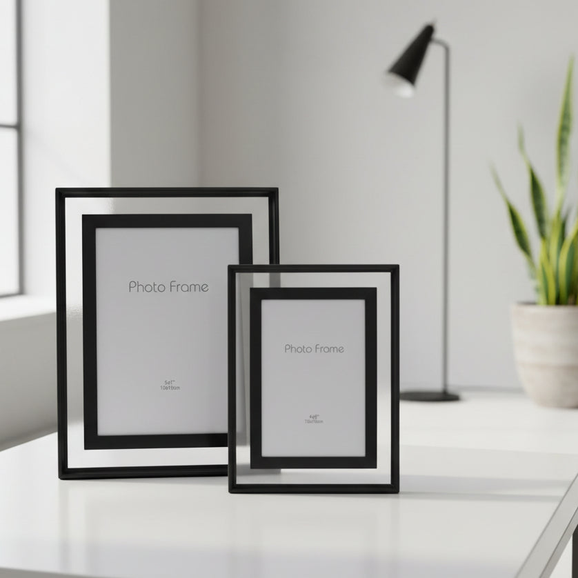 Two black photo frames with dimensions labeled on a white background