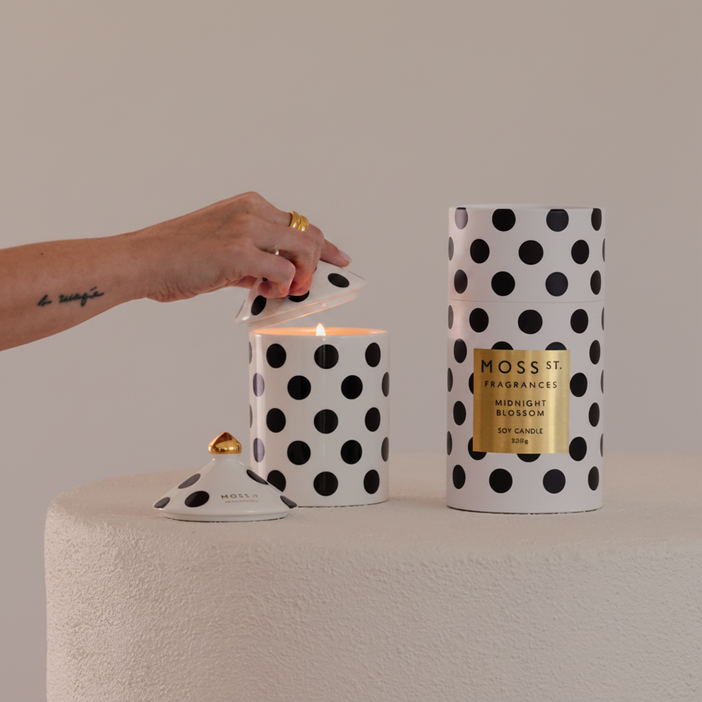 A hand with gold jewelry reaches toward a small white candle with black polka dots and a gold label, next to a larger matching candle tin, set on a textured white pedestal against a warm beige background. The brand name 'MOSSI BRANZONI' is visible on the labels.