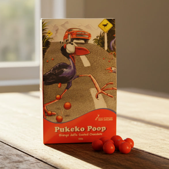 Packaging of Pukeko Poop candy with a cartoon penguin and candy on a white background