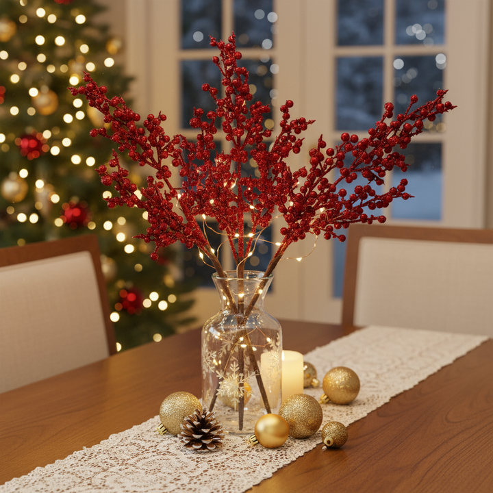 Red artificial berry branch on a white background