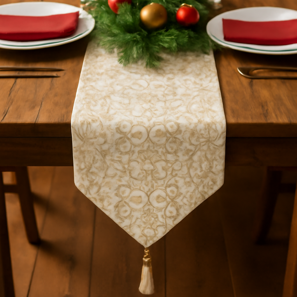 Decorated Christmas table with a table runner, candles, and ornaments.