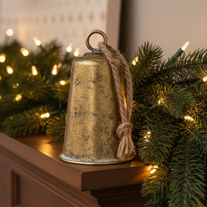 gold bell with a rope on a white background