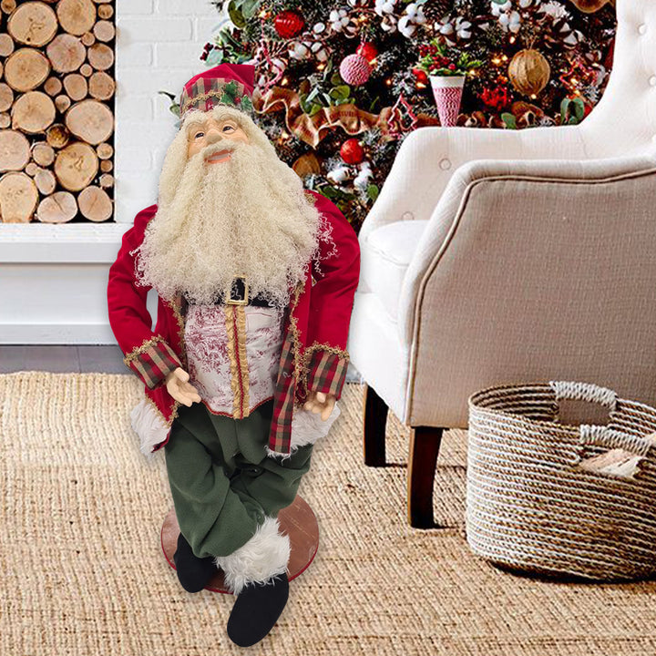 Decorative gnome in a festive living room with Christmas tree and logs.