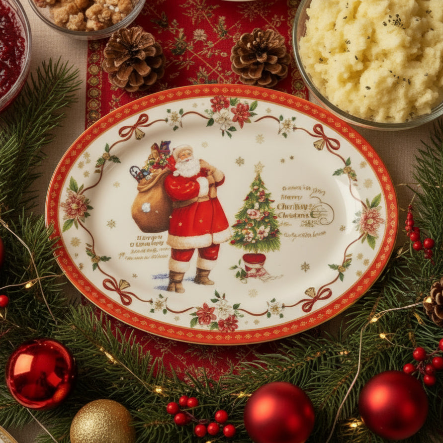 Decorative Christmas plate with Santa Claus and festive design on a white background