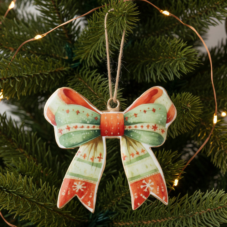 Decorative bow ornament with red and green pattern on a white background