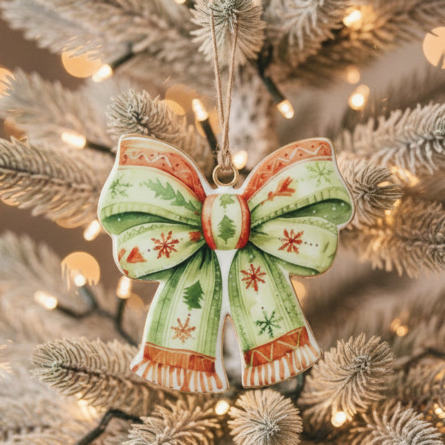 Decorative bow ornament with green, red, and white pattern on a plain background