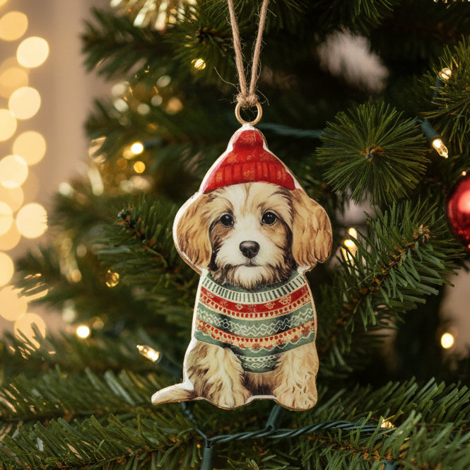 Dog ornament wearing a red hat and patterned sweater on a white background