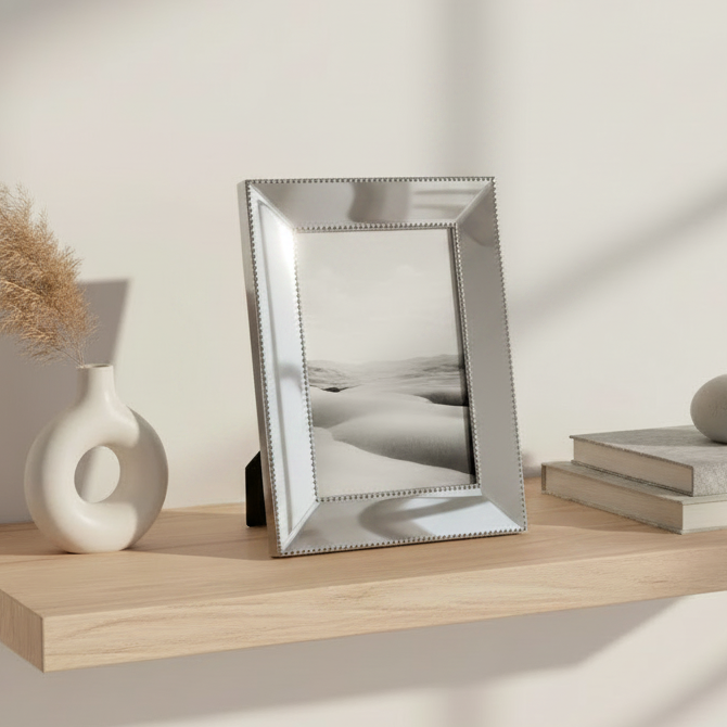 A 4x6 silver picture frame with a decorative beaded border and a black triangular stand, shown on a plain white background.
