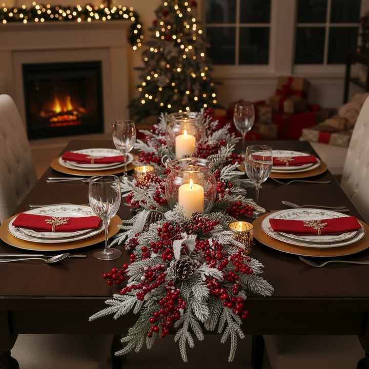 Decorative garland with red berries and white snow-like texture on a white background