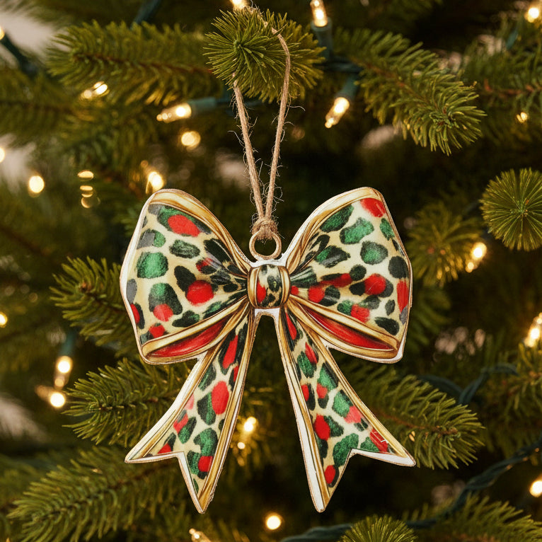 Decorative bow ornament with leopard print pattern on a white background