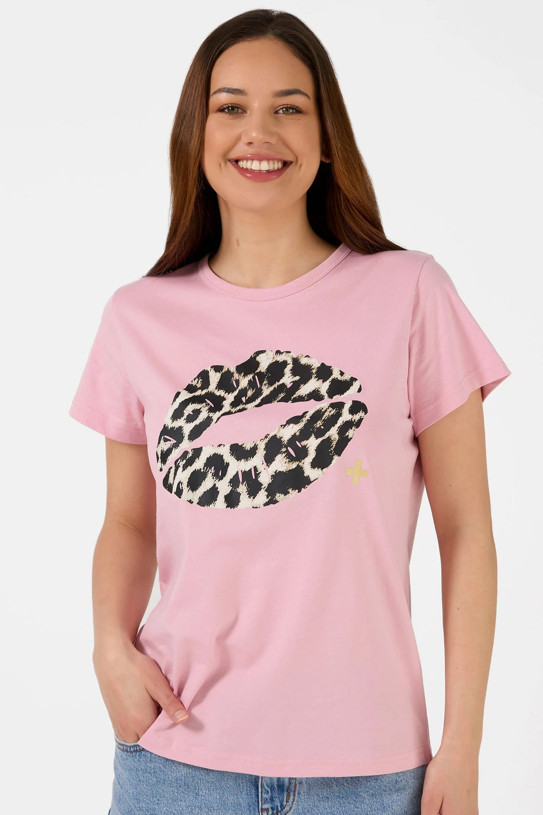 woman wearing pink stella + gemma blush lips tee
