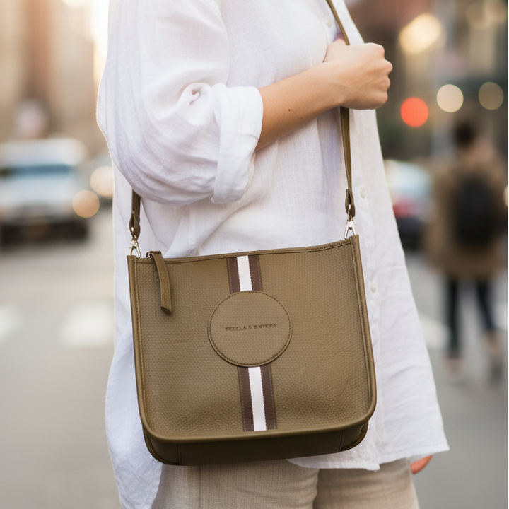 sage leather shoulder bag with a strap on a white background