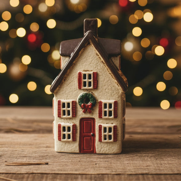 Small decorative house with a white base and brown roof on a light gray background