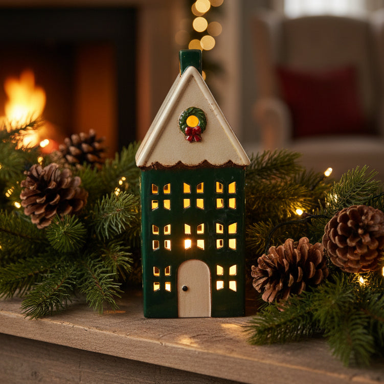 Decorative house-shaped lantern with green base and white top on a white background