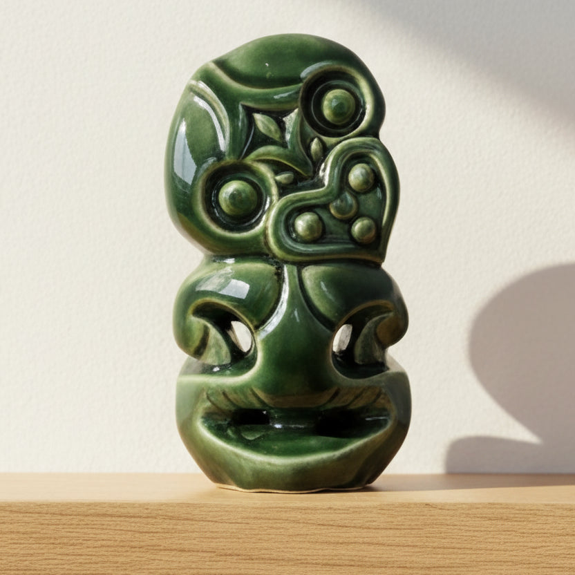 Green ceramic decorative item with intricate patterns on a white background