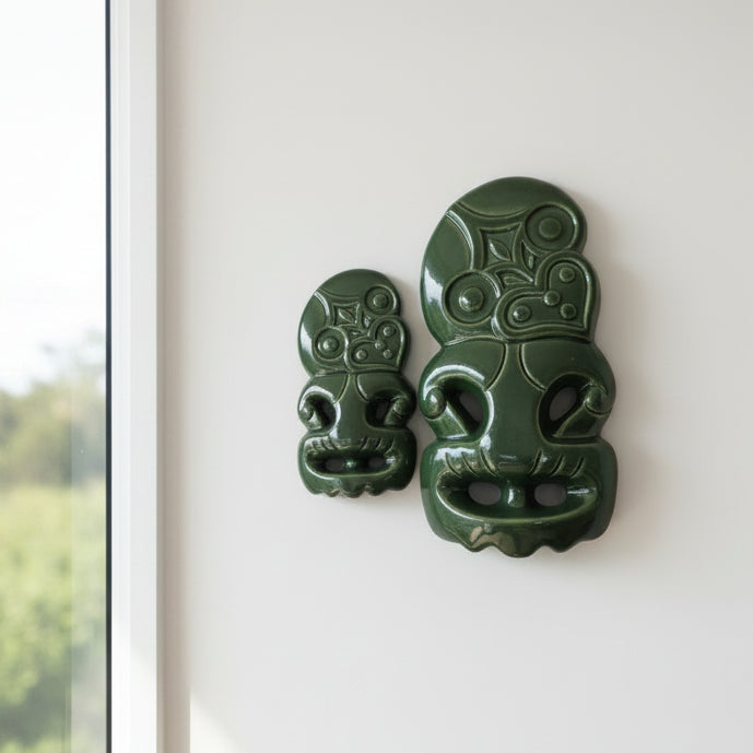 Two green jade carvings on a white background