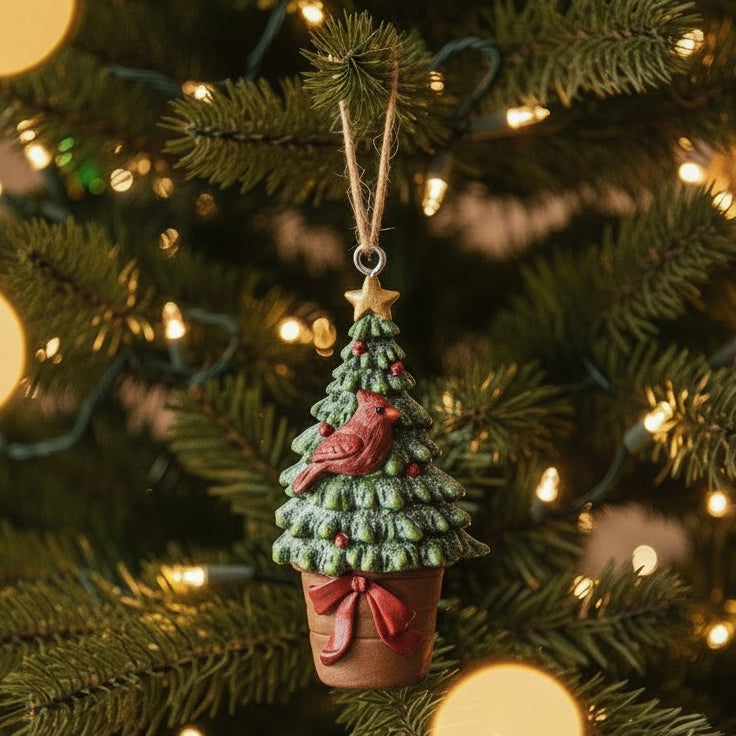 Decorative Christmas tree ornament with a cardinal and red bow on a white background