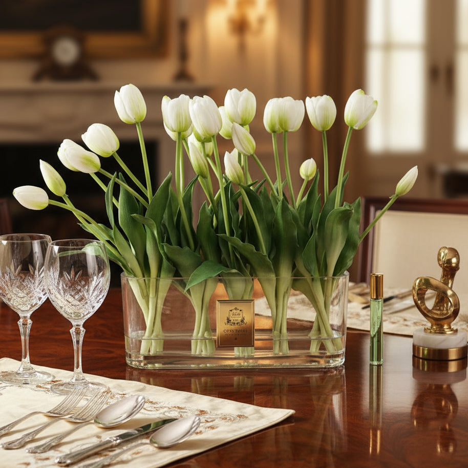 Clear glass vase with cote noire diffuser white tulips and a small bottle of perfume.