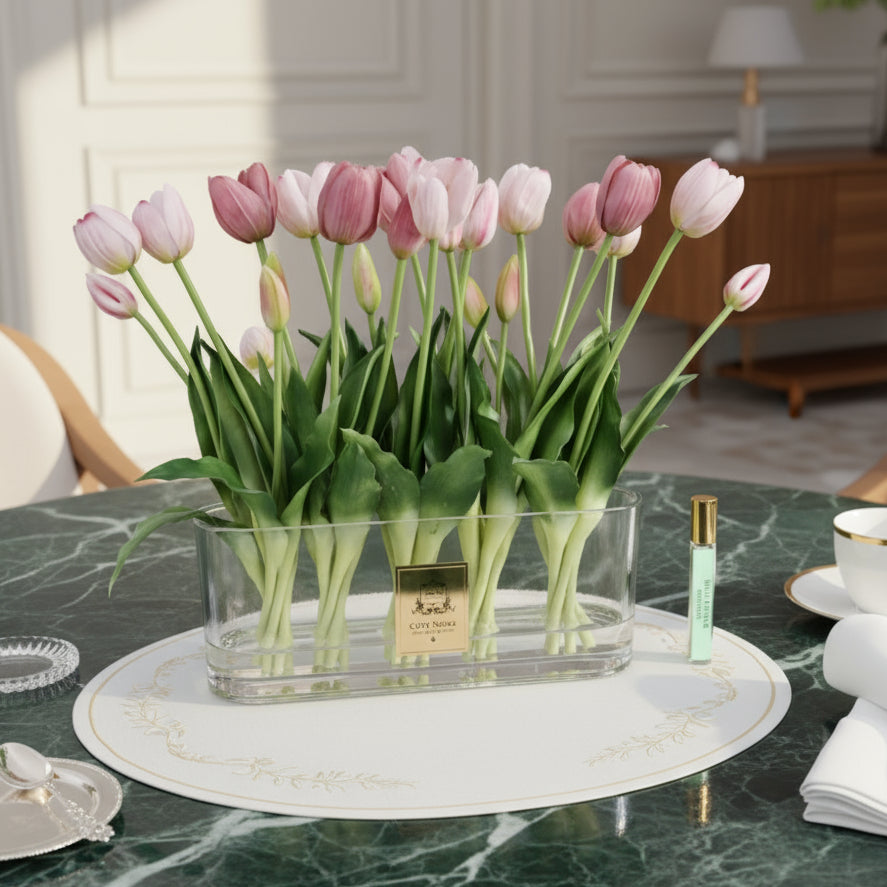 Pink cote noire diffuser tulips in a clear vase with a small bottle of perfume.