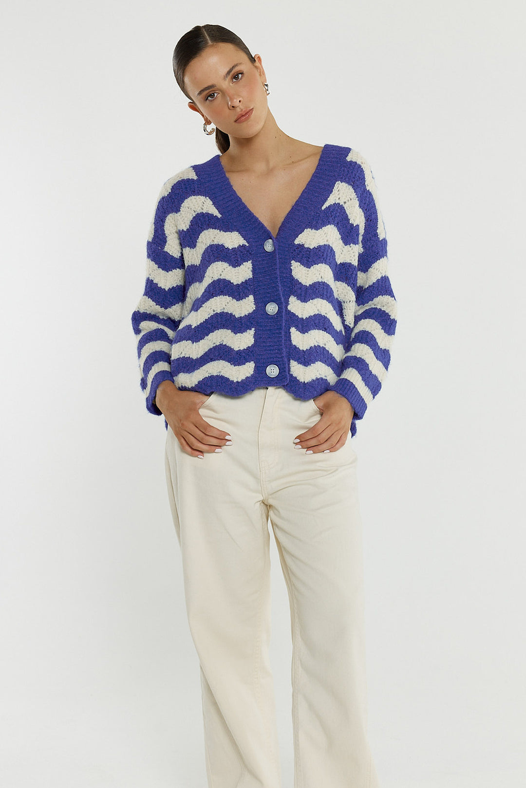 Sass Cream & Blue Etta Wavy Stripe Cardigan
