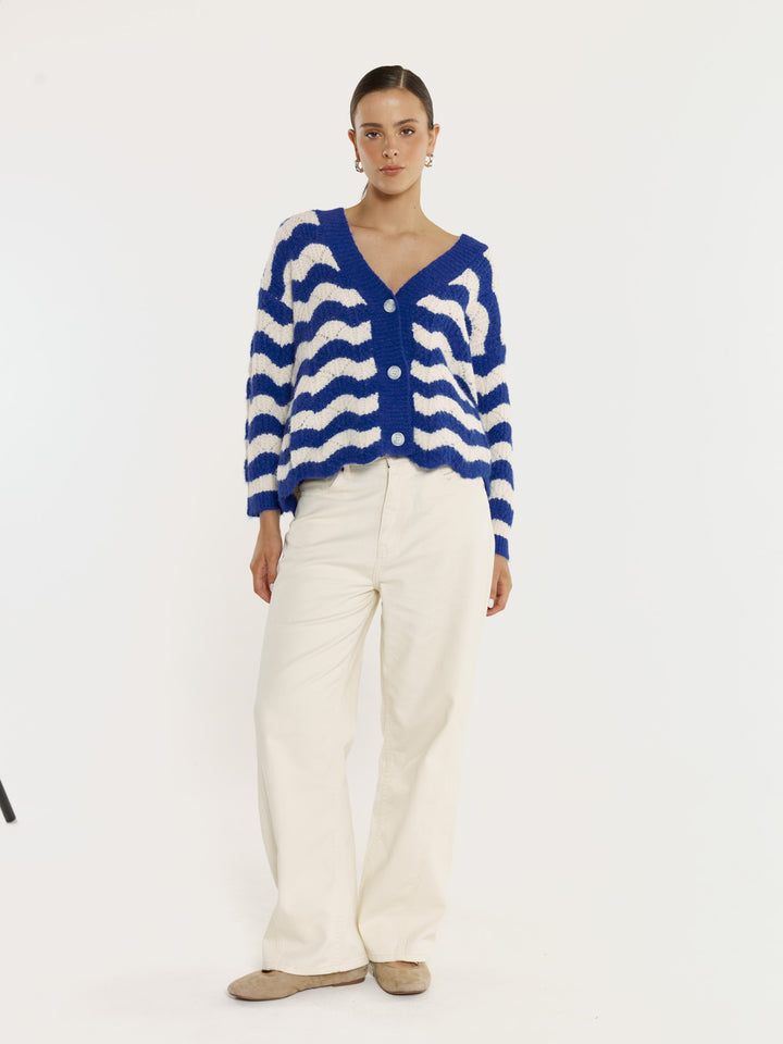 Sass Cream & Blue Etta Wavy Stripe Cardigan