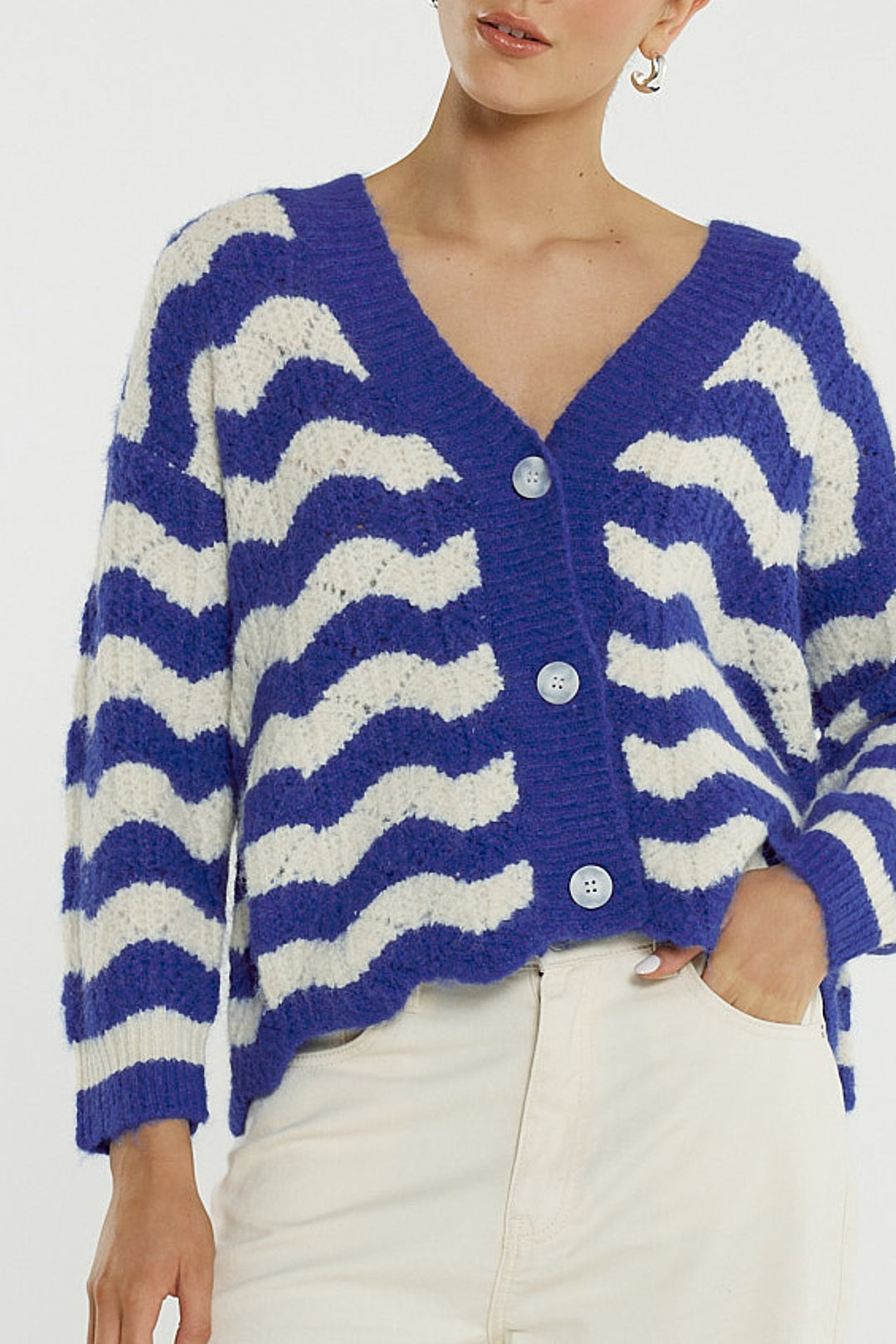 Sass Cream & Blue Etta Wavy Stripe Cardigan
