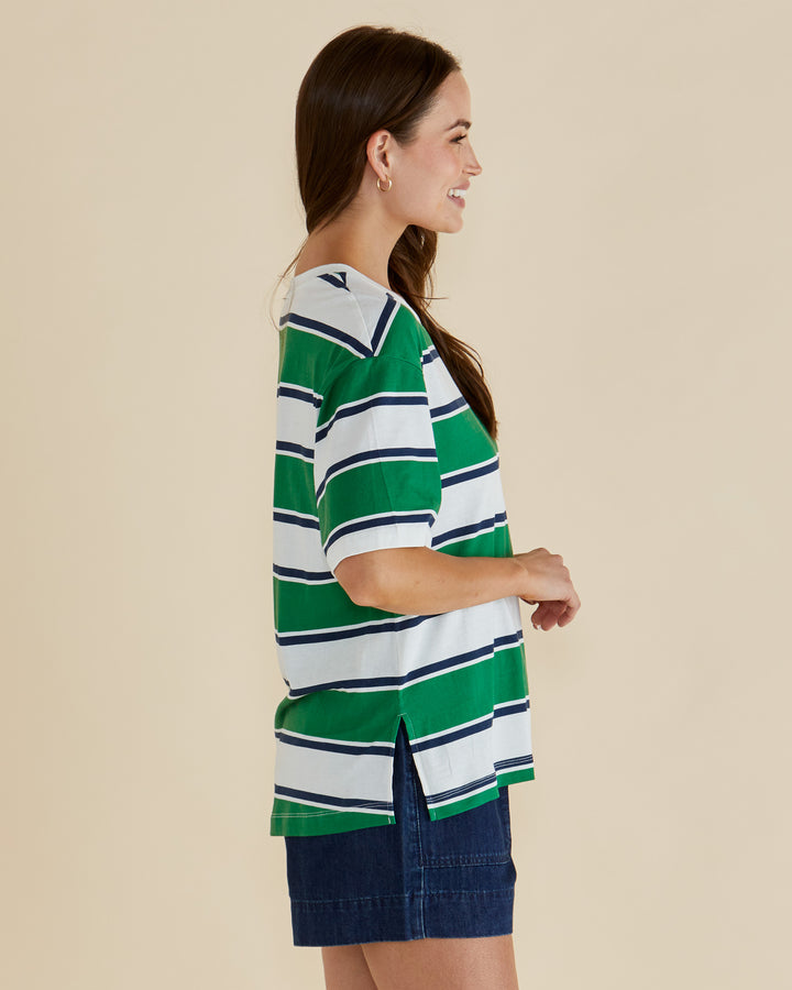 Betty Basics Navy & Green Stripe Boxy Tee