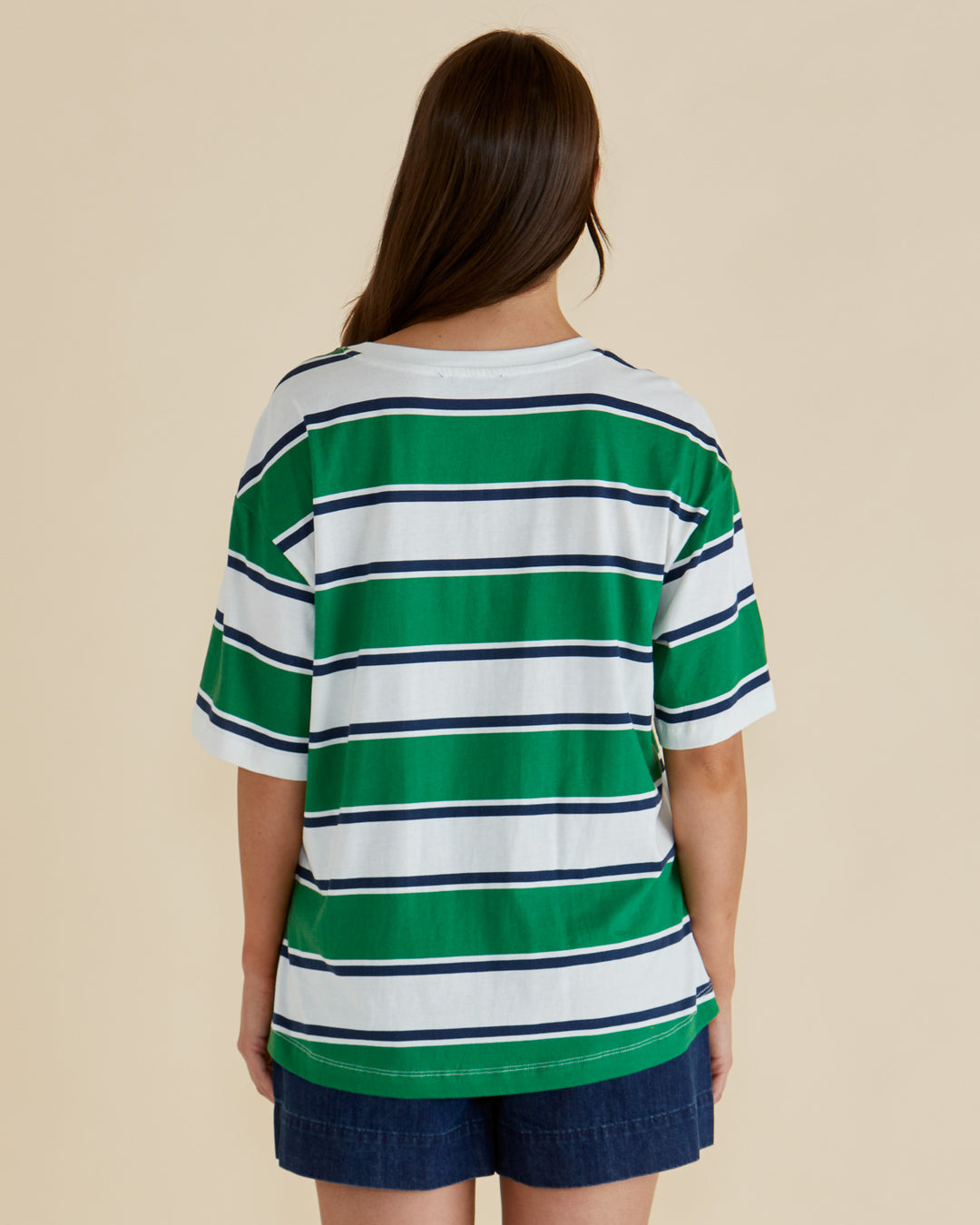 Betty Basics Navy & Green Stripe Boxy Tee