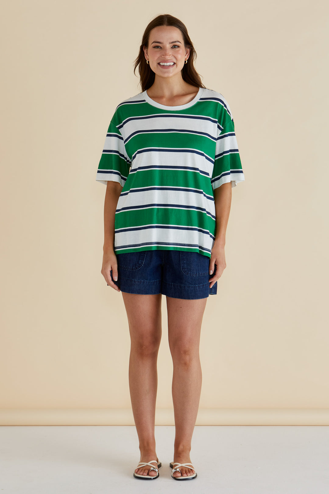 Betty Basics Navy & Green Stripe Boxy Tee