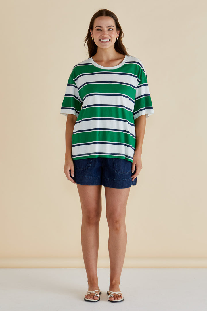 Betty Basics Navy & Green Stripe Boxy Tee