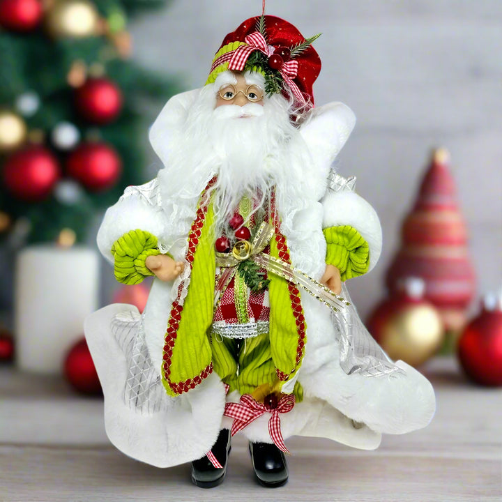 Decorative figure of a Santa Claus with green and red accents on a white background