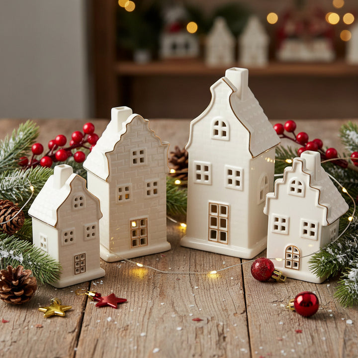 Set of four white ceramic house-shaped lanterns on a light gray background