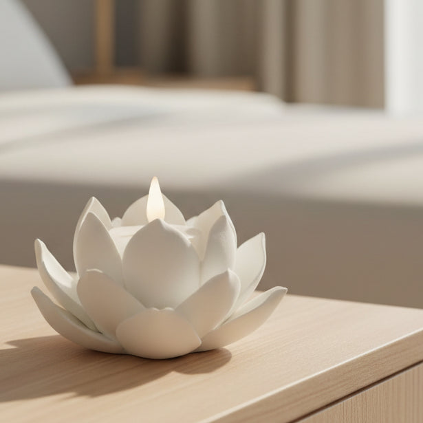 White lotus flower tealight on a white background