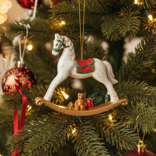 Decorative rocking horse ornament with a teddy bear and gift on a white background