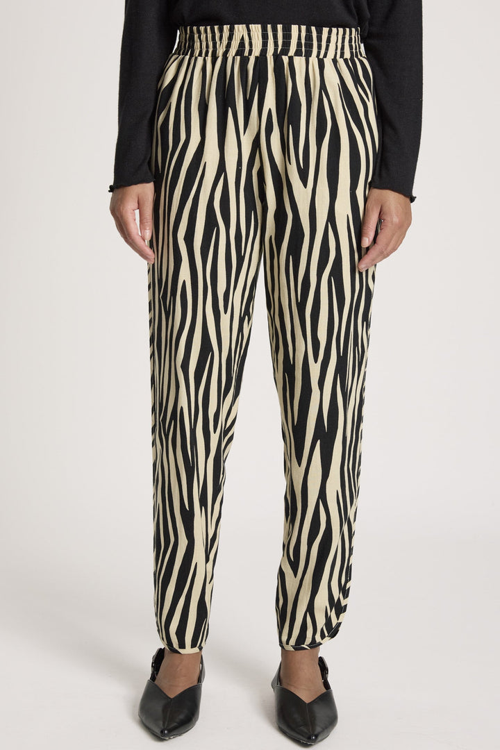 Zebra print pants worn by a person on a white background